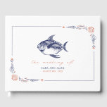 Livre D'or Rustic Fish Red & Blue Beach Wedding<br><div class="desc">Illustration inspirée de l'art linéaire de poissons sur terre cuite arrière - plan avec bordure de coquillages botaniques et texte rouge et bleu.</div>