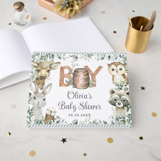 Livre D'or Rustic Woodland Animals Greenery Boy Baby Shower  (Recto ouvert)