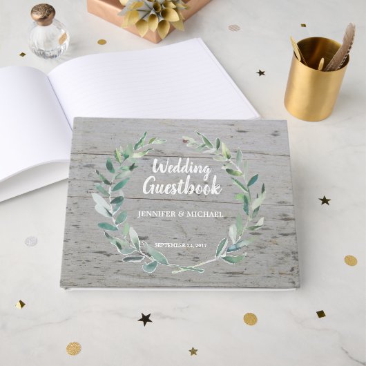 Livre D'or Rustique Aquarelle olive feuille Mariage bois (Recto ouvert)