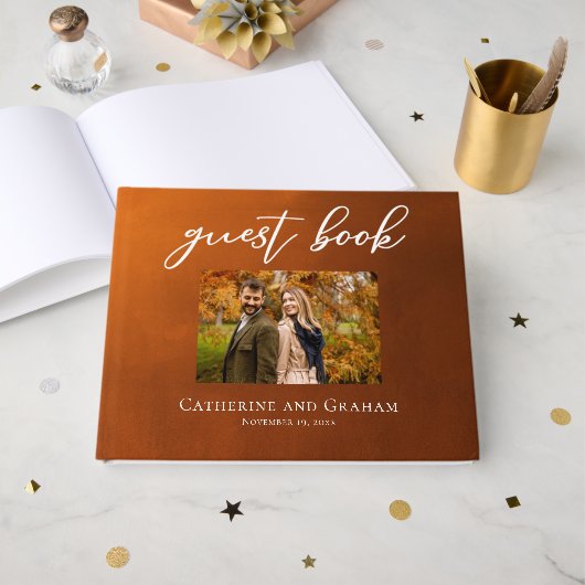 Livre D'or Rustique Burnt Orange Couple Photo Mariage d'autom (Recto ouvert)