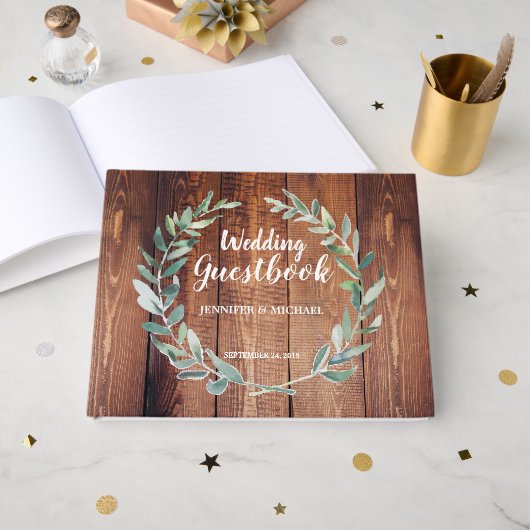 Livre D'or Rustique feuilles aquarelle Mariage bois grange (Recto ouvert)