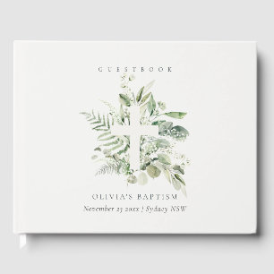 Livre D'or Rustique Green Eucalyptus Fern Foliage Croix Baptê
