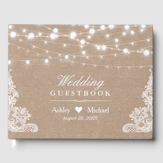 Livre D'or Rustique Pays Burlap String Lights Mariage dentell (Recto)