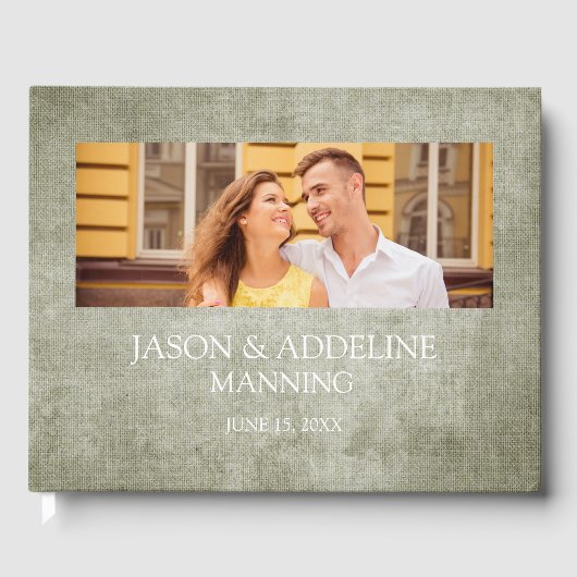 Livre D'or Rustique Sage Green Burlap Linen Deux Mariages pho (Recto)