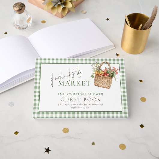 Livre D'or Sage Gingham Fête de Mariage Fraîche du Marché (Recto ouvert)