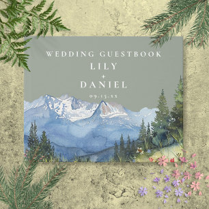 Livre D'or Sage Green Watercolor Mountain Mariage Photo Invit