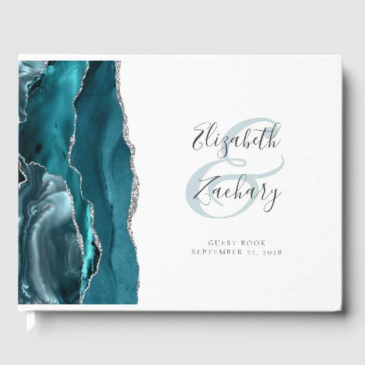 Livre D'or Script moderne Turquoise bleu Agate Argent (Recto)