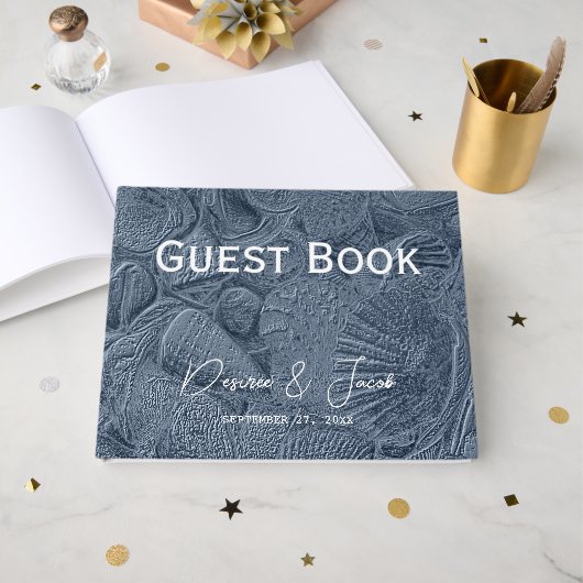 Livre D'or Sea Shell Bleu foncé bleu moderne Plage côtière (Recto ouvert)