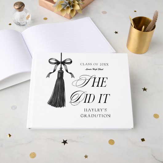 Livre D'or She Did It Black Bow Personalized Graduation Party (Recto ouvert)