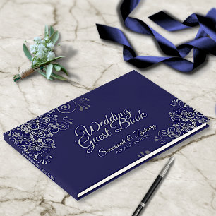 Livre D'or Silver Frilly Filigree Elégant Mariage bleu marine