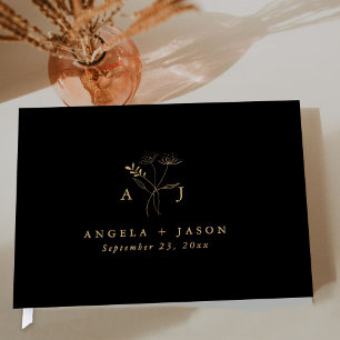 Livre D'or Simple Noir et Or Monogramme Botanique Mariage
