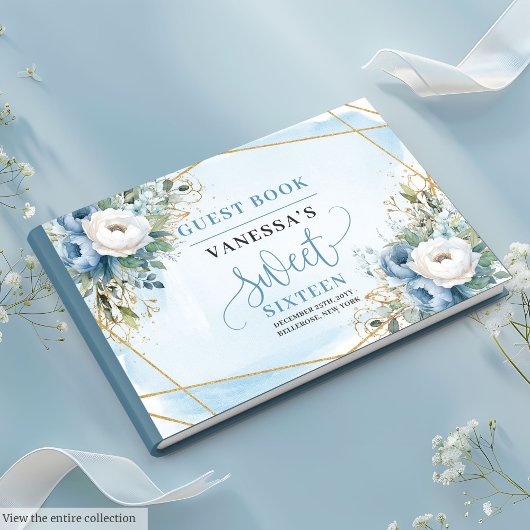 Livre D'or Sophistiqué Dusty Bleu Blancs pivoines Douce 16e