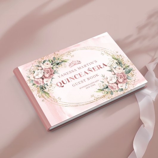 Livre D'or Sparkling Dusty Pink Floral Greenery 15th Birthday