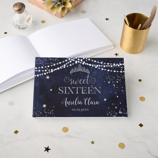 Livre D'or Starry Night Navy Blue Silver Sweet 16 Birthday (Recto ouvert)