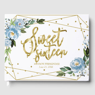 Livre d'or Sweet 16 Feuille d'or Floral Bleu Pouss