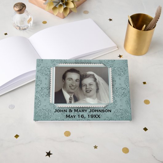 Livre D'or Teal Glitter Damask with Photo Frame Guest Book (Recto ouvert)