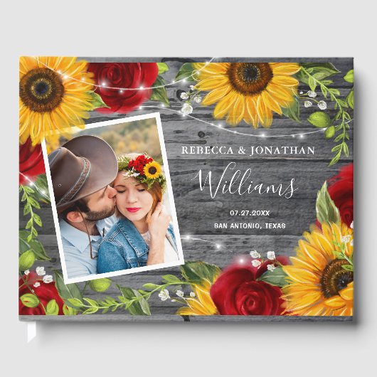 Livre D'or Tournesol rustique Bourgogne Rouge Rose Mariage (Recto)