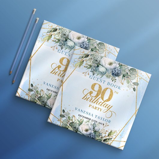 Livre D'or Trendy Dusty Blue Flowers Glitter Frame 90th 