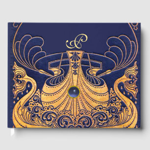 Livre D'or Vaisseau antique, Dauphins, Or, Monogramme bleu ma