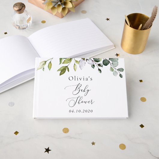 Livre D'or Verdure, Eucalyptus Feuilles, Boho, Baby shower (Recto ouvert)