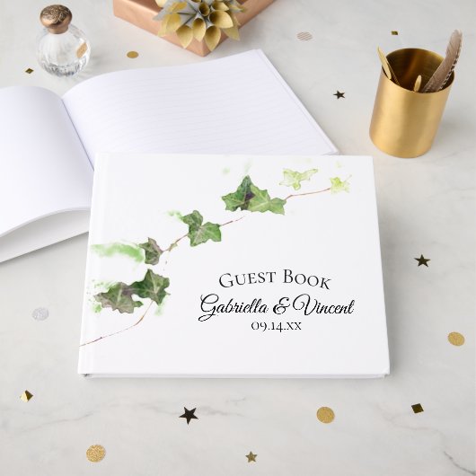 Livre D'or Vert anglais Ivy Vines Aquarelle Mariage (Recto ouvert)