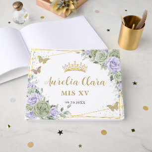Livre D'or Vert sauge papillons floraux violets Quinceanera
