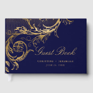 Livre D'or Vintage Navy Gold Floral Damask Script Mariage