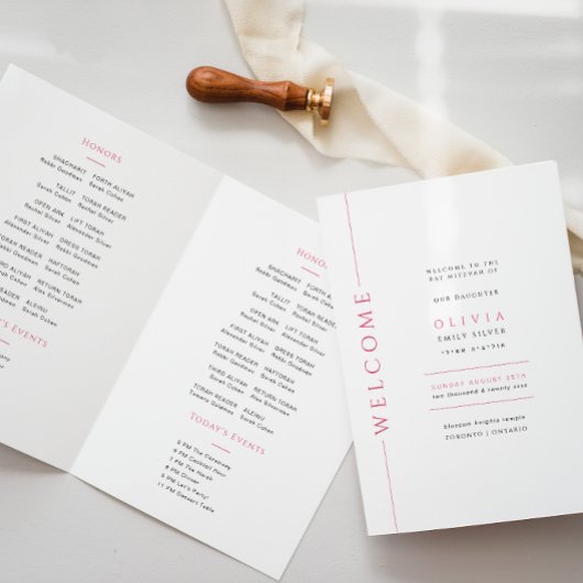 Livret de programme plié pour Bat Mitzvah rose
