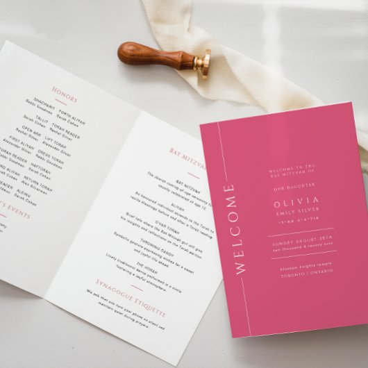 Livret de programme plié pour Bat Mitzvah rose cha