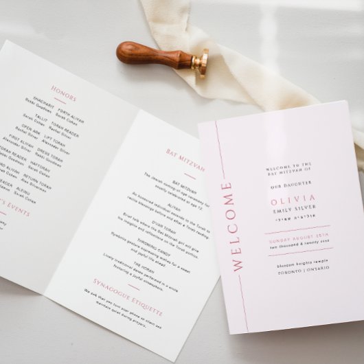 Livret de programme plié pour Bat Mitzvah rose cla