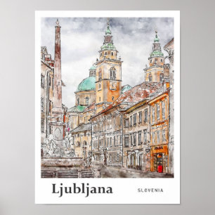 Ljubljana Slovenië Travel Waterverf Hand getekend Poster