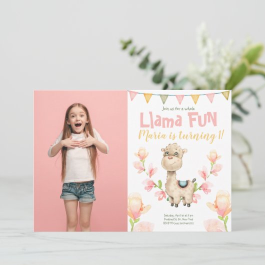 Llama Alpaca Photo Waterverf Birthday Invitation Kaart (Staand voorkant)