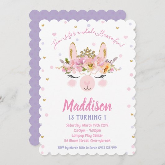 Llama Amusants Invitations Anniversaire Filles Alp (Devant / Derrière)