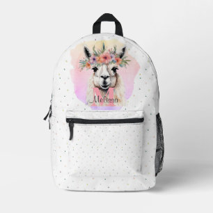  Llama Animal Pink Wildflower Monogram Bedrukte Rugzak