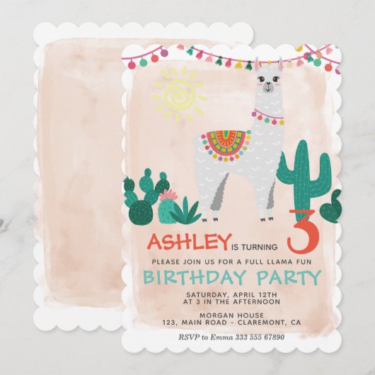 Llama Anniversaire invitation (Devant / Derrière)