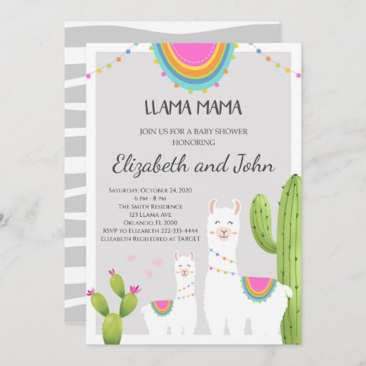 Llama Avec Baby shower Cactus Invitation (Devant / Derrière)