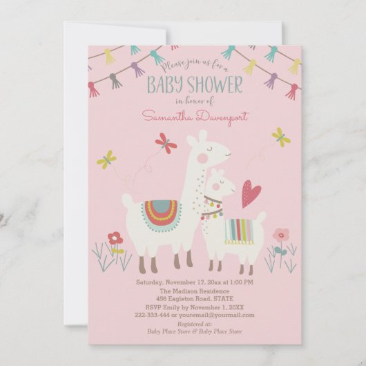 Llama Baby and Mama Shower Invitation rose (Devant)