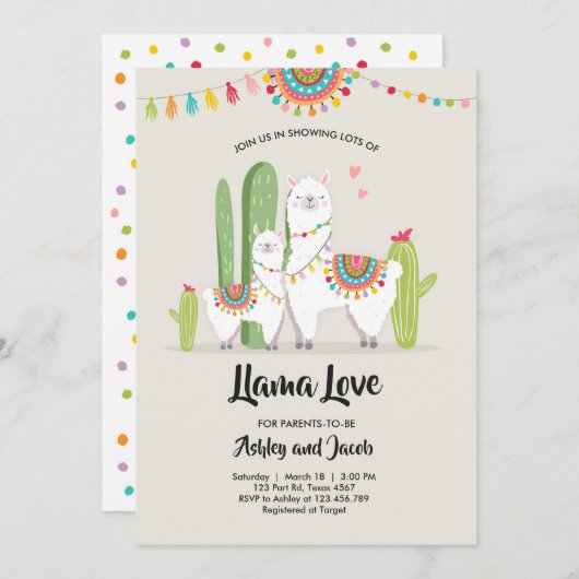 Llama baby shower uitnodiging Llama Love Fiesta (Voorkant / Achterkant)