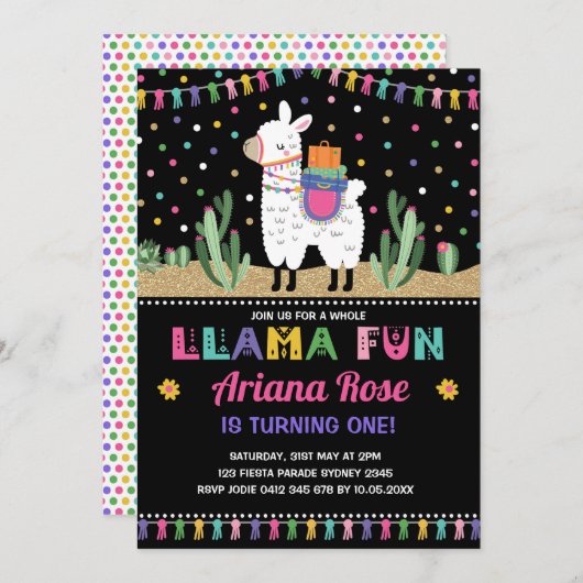 Llama Birthday Alpaca Cactus Party Invitation Kaart (Voorkant / Achterkant)