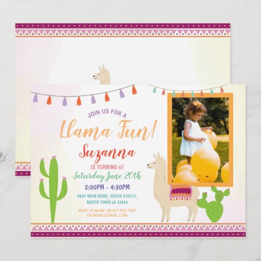 Llama Birthday Cactus Party Fiesta Invitation phot (Devant / Derrière)