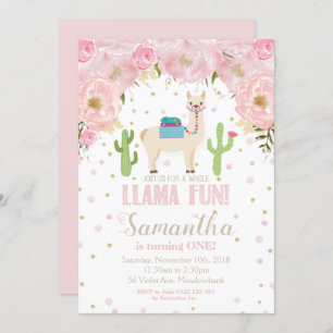 Llama Birthday Invitation Blush Floral Girl Kaart