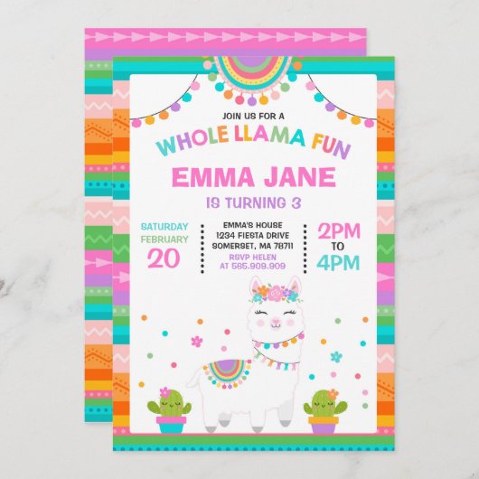 Llama Birthday Invitation Whole Llama Fun Party Kaart (Voorkant / Achterkant)