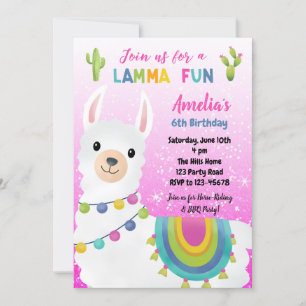 Llama Birthday Invitations (Roze Glitter) Kaart