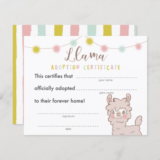 Llama Birthday Party Adoption Certificate (Voorkant / Achterkant)