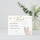 Llama Birthday Party Adoption Certificate (Staand voorkant)