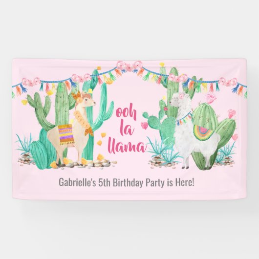 Llama & Cactus Girls Custom Birthday Party Welcome Spandoek (Horizontaal)