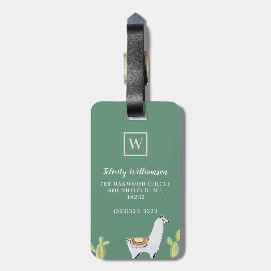 Llama & Cactus Pattern Pink & Green Monogram Bagagelabel (Achterkant verticaal)