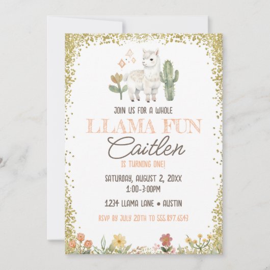 Llama Cactus Verjaardag Gouden Glitter Uitnodiging (Voorkant)