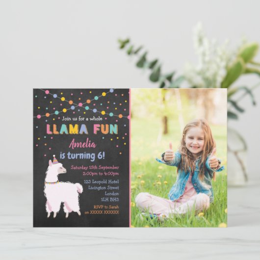Llama Chalk Verjaardagsfeest Fotouitnodiging Kaart (Staand voorkant)