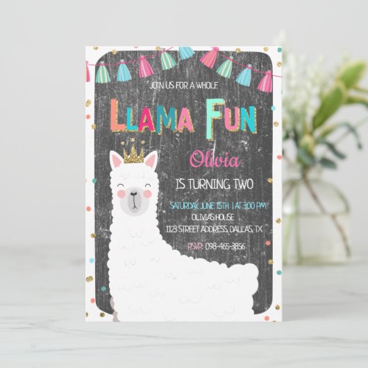 Llama Chalkboard Invitation d'anniversaire (Debout devant)